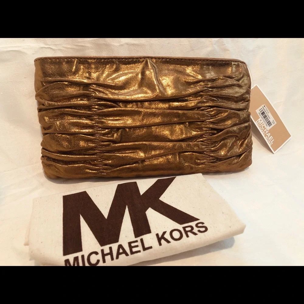 Michael Kors Metallic Gold Ruched Leather Clutch